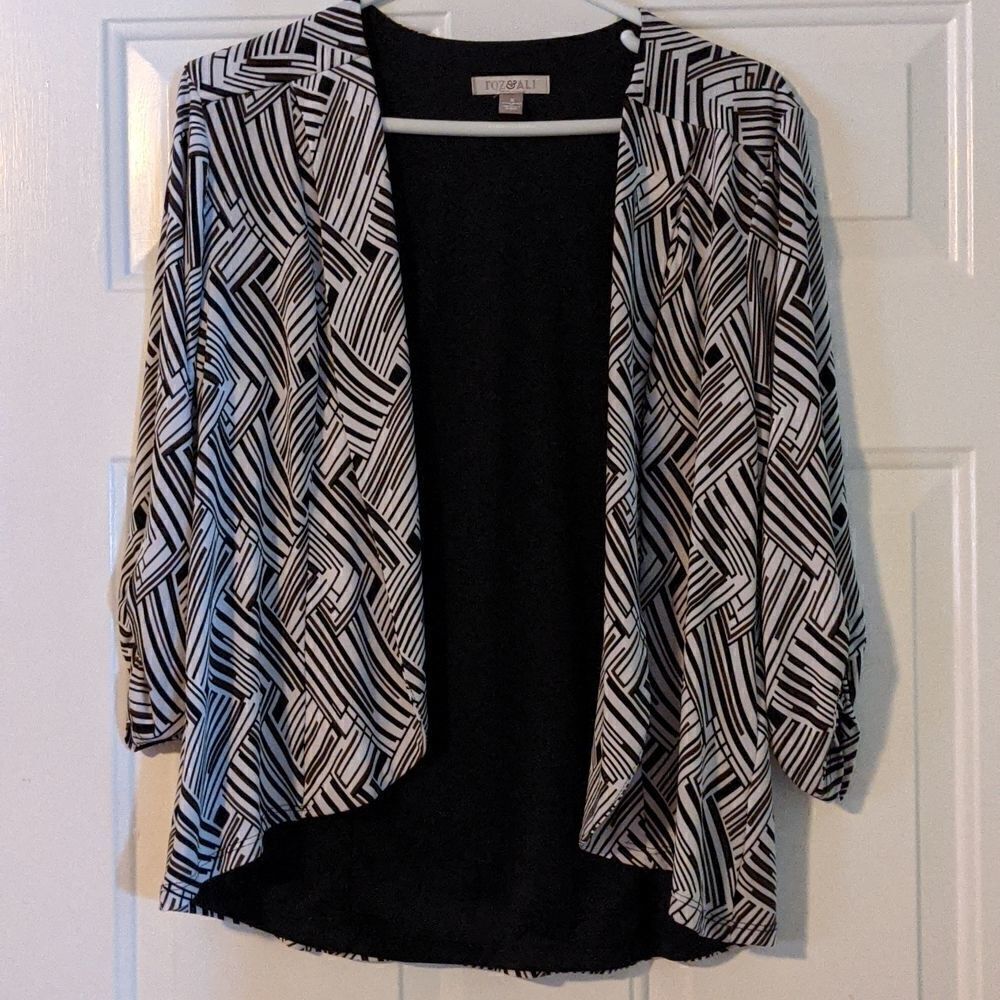 Roz and Ali Jacket Small Black White Brown 3/4 Sleeve Cardigan